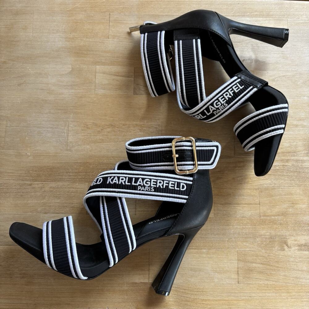 Karl Lagerfeld Paris Black Logo Strap Stiletto Heels 8M Elastic Designer Sandals - Picture 6 of 10